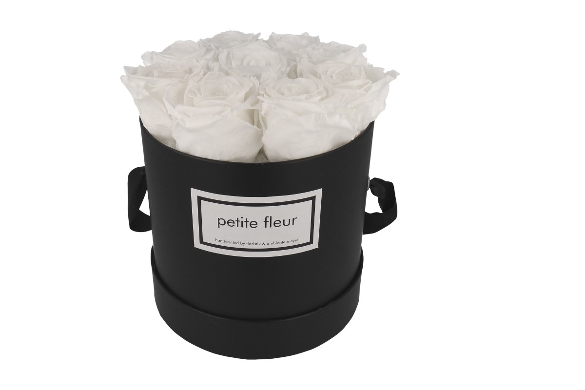 Petite Fleur Flowerbox Infinity Rosen M rund schwarz mit 9-10 Rosen weiß 