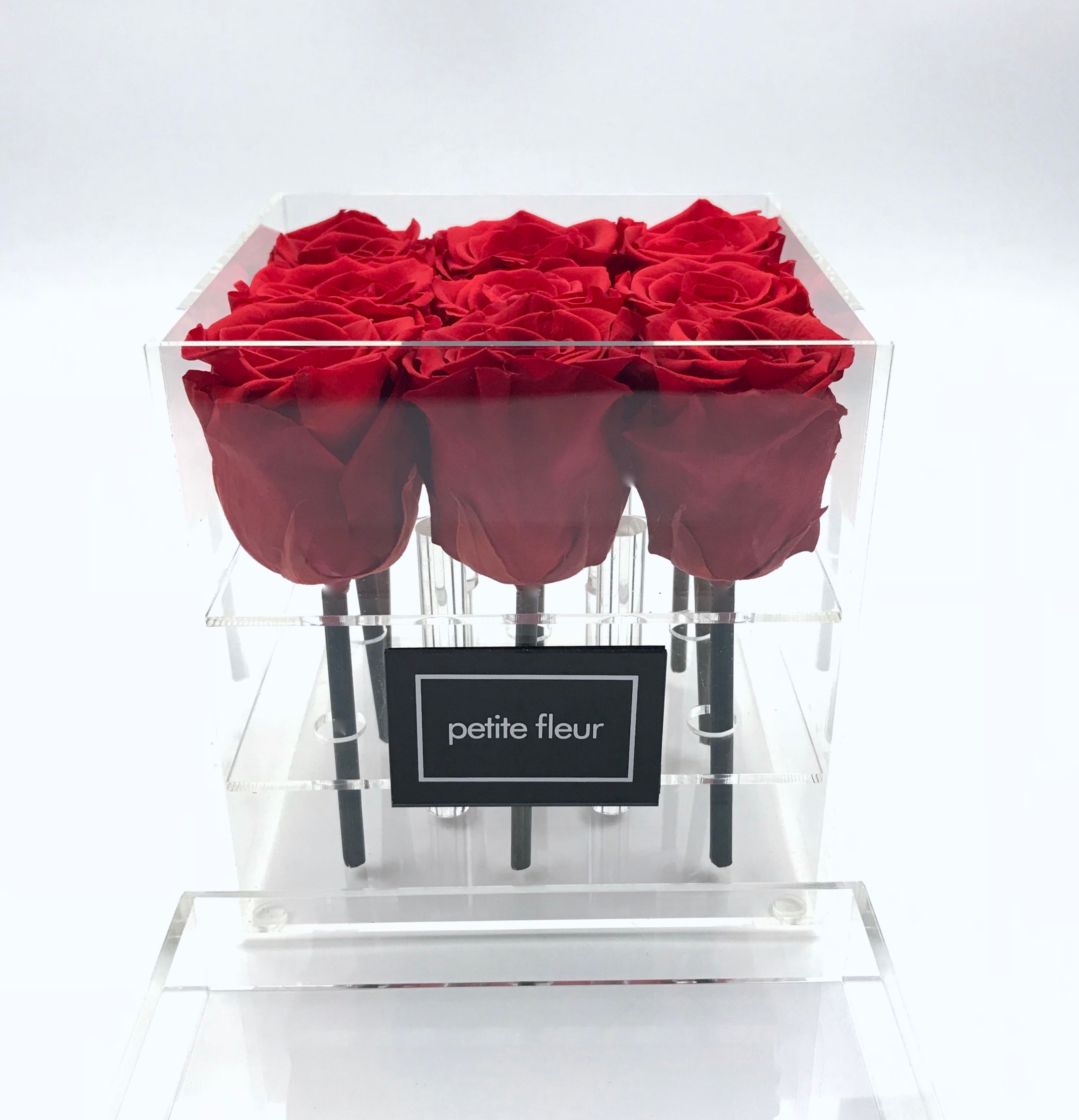 Petite Fleur Flowerbox M quadratisch Acryl 9 Infinity Rosen dunkelrot 