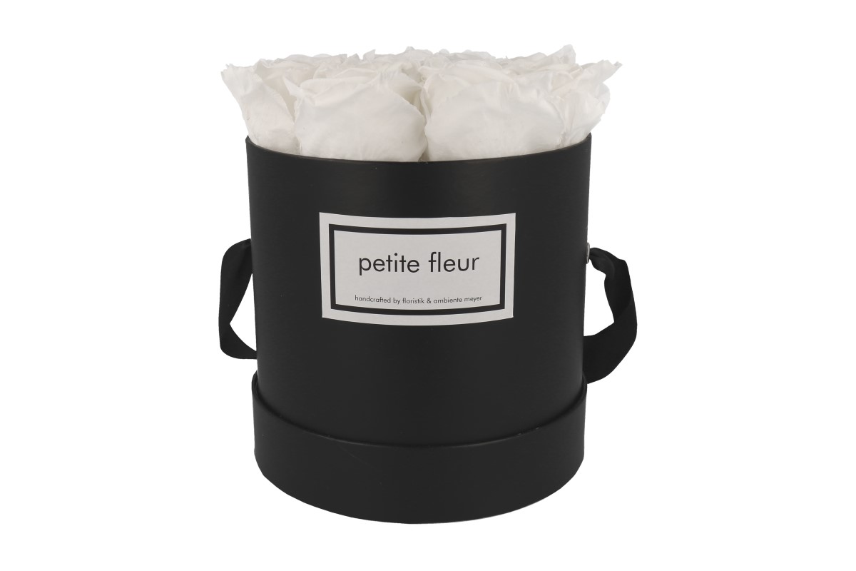 Petite Fleur Flowerbox Infinity Rosen M rund schwarz mit 9-10 Rosen weiß 